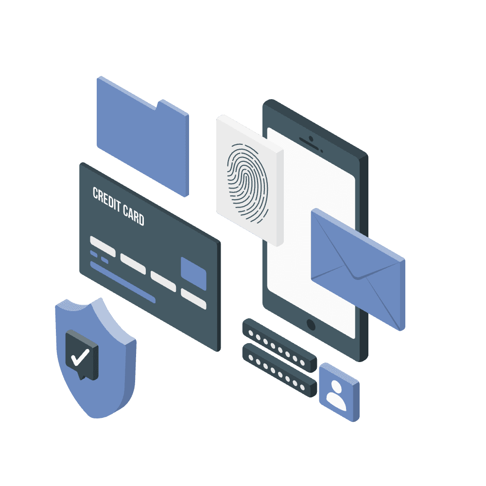 Security illustration showing shield, credit card, fingerprint and login elements